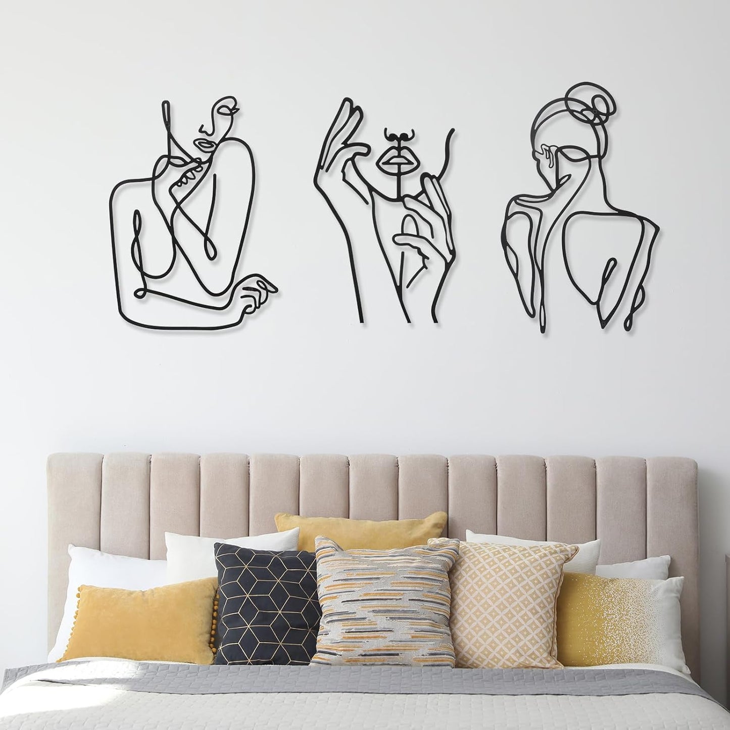 3 Pcs Metal Wall Art Decor Minimalist Abstract Woman Wall Art metal Modern Line Drawing Wall Art Decor Female Single Line Wall Home Hanging for Bedroom Kitchen Bathroom Living Room(Black, Modern)