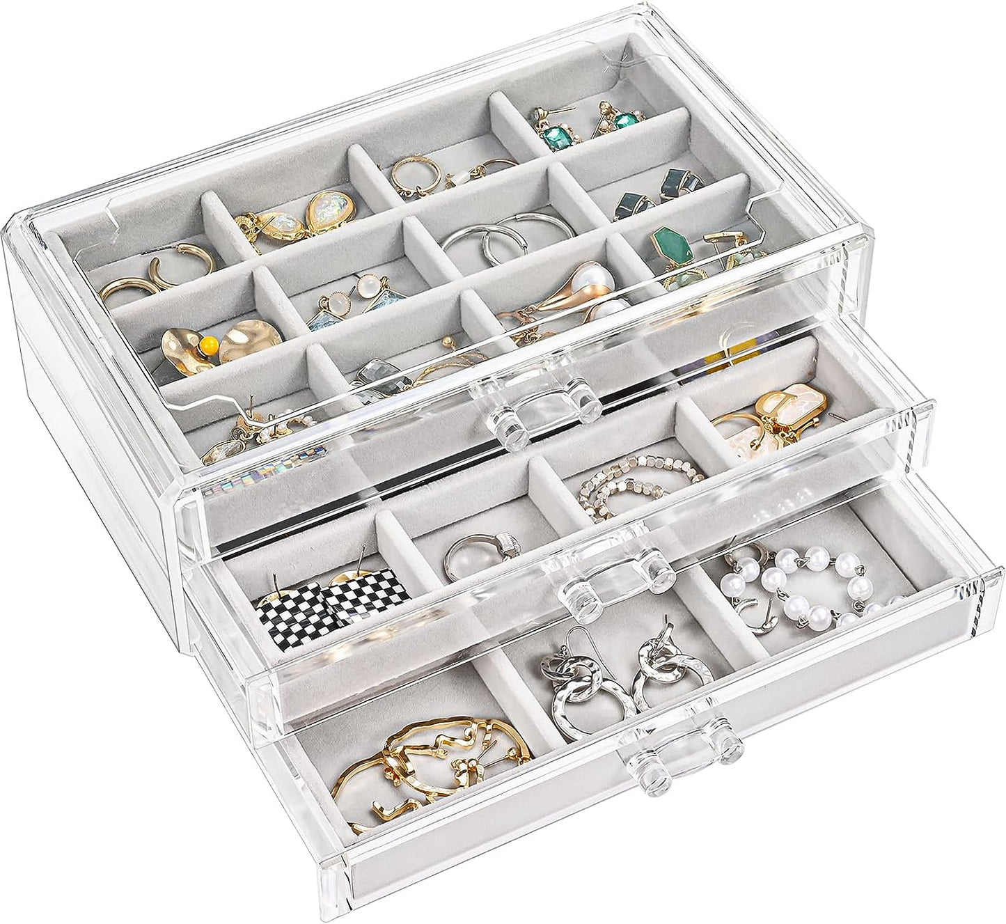 ProCase Earring Organizer Jewelry Organizer Box with 3 Drawers, Acrylic Stackable Jewelry Holder Clear Earring Storage Case with Adjustable Velvet Trays for Women on Dresser Vanity -Grey, 3 Layers