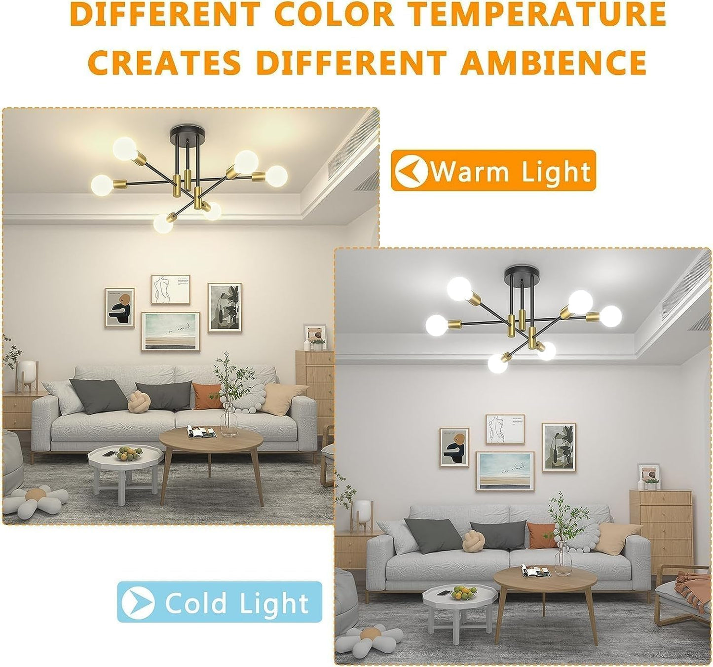 HUA QIANG WANG Modern Gold Sputnik Chandeliers,6-Light Ceiling Lights for Living Room Dining Room Bedroom Kitchen Island