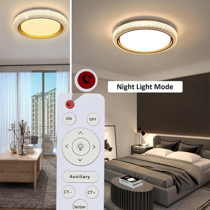 LED Ceiling Light with Remote,48W 19.7'' Warm Neutral White Colors Dimmable Crystal Gold Flush Mount Lighting Fixture for Living Room Bedroom Dining Room