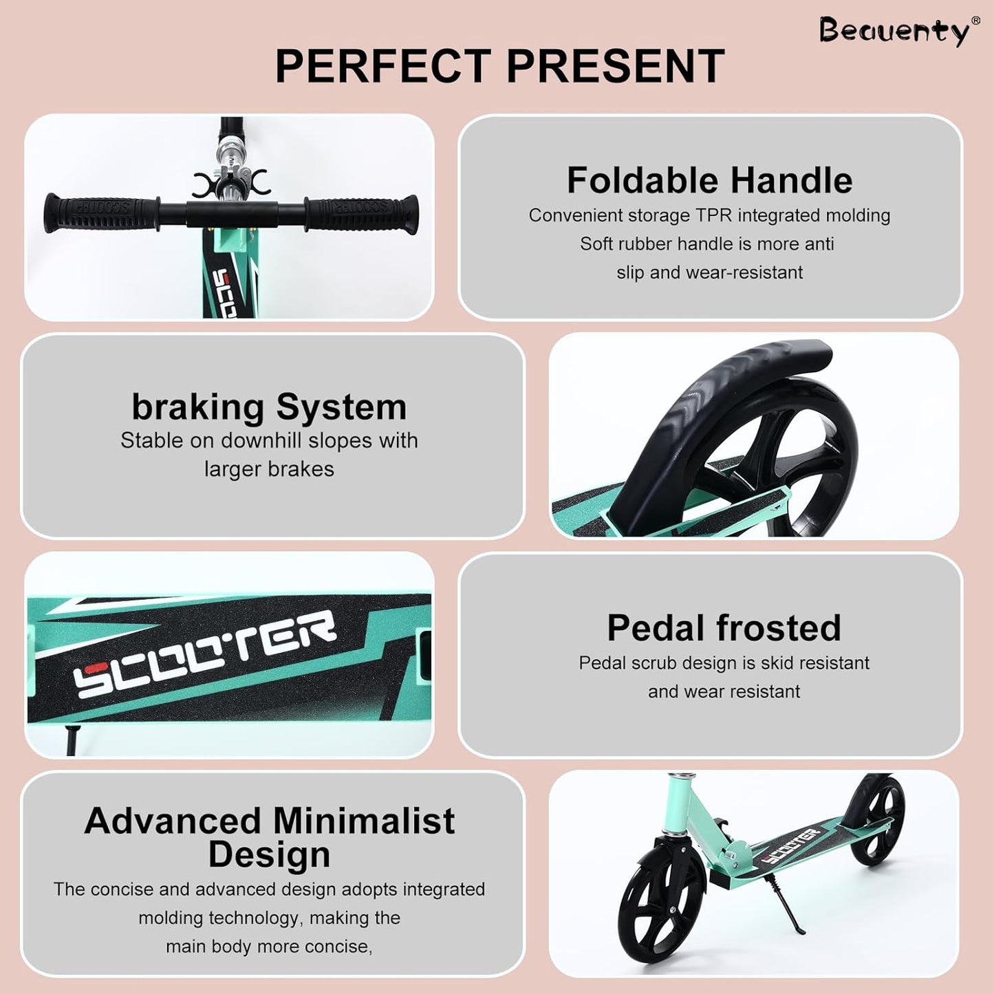 Beauenty Kick Scooter for Kids, Teens, Adult Riders Up to 150KG, 2-Wheel Scooter Foldable to Carry