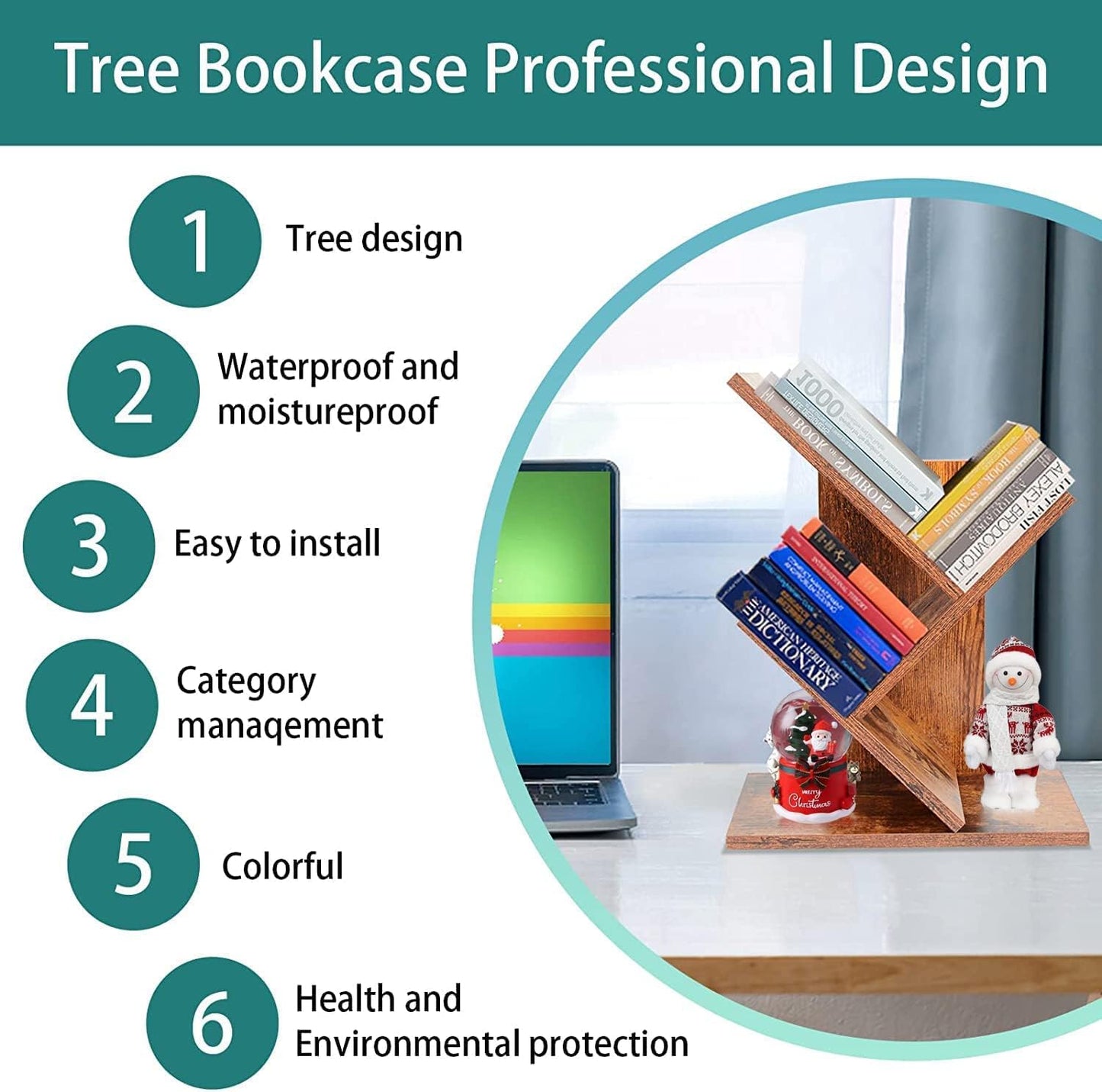 U-HOOME 8-Shelf Bookshelf Tree Bookcase Wood Bookshelves Storage Rack MDF Tree Book Shelf Display Organizer for Books,Magazines,CDs and Photo Album Holds Up to 5kgs Per Shelf ，White