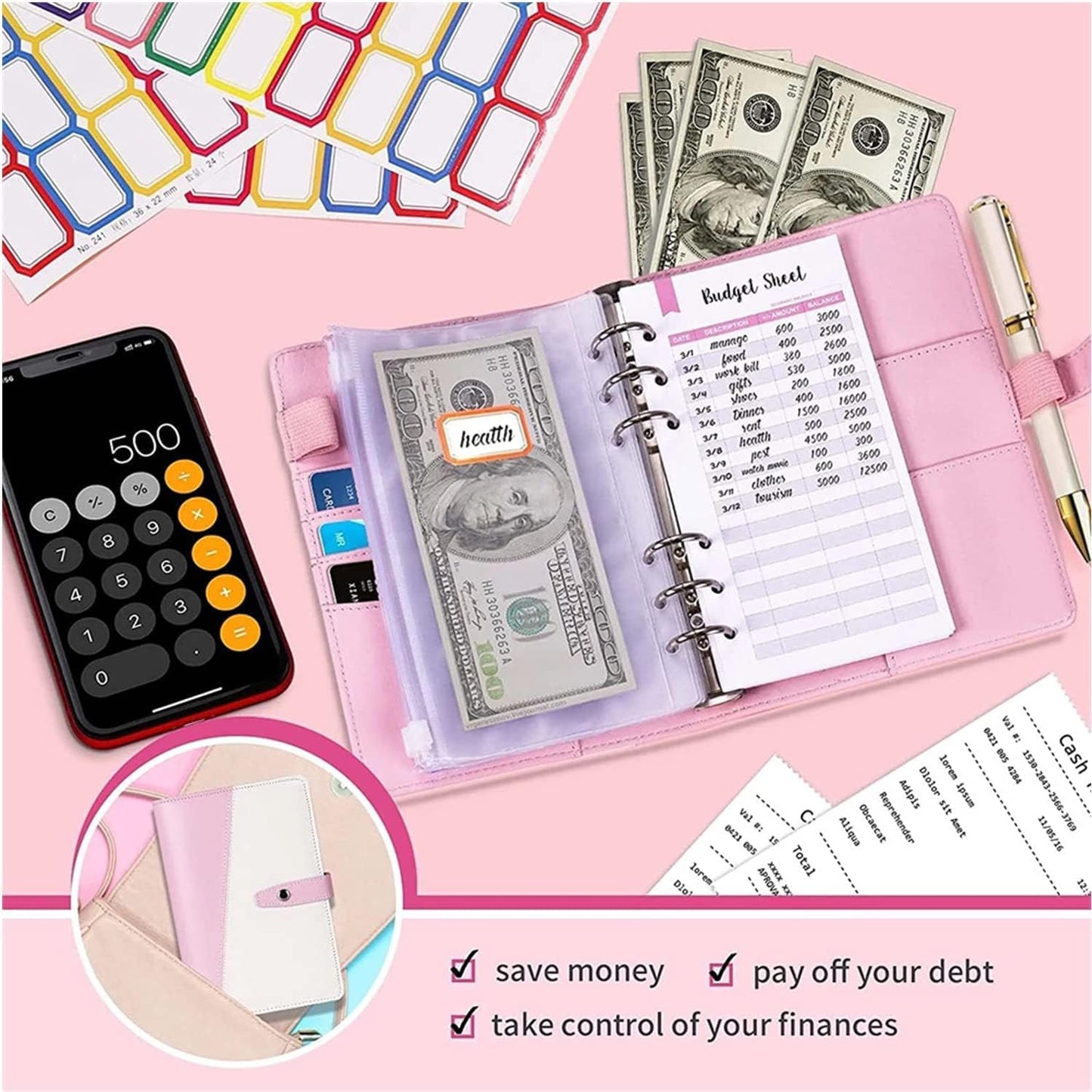 MATHARAGO Budget Binder, Cash Envelopes for Budgeting, Money Organizer for Cash, 12Pcs Budget Binder with Cash Envelopes, Marble 6-Ring Money Saving Binder(Marble-Grey)