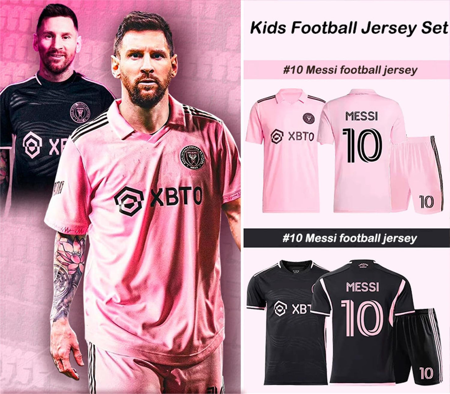 GGEROU Kids Football Jersey Set，Miami Messi # 10 Soccer Jersey World Champion Football Soccer Jersey Set for Kids