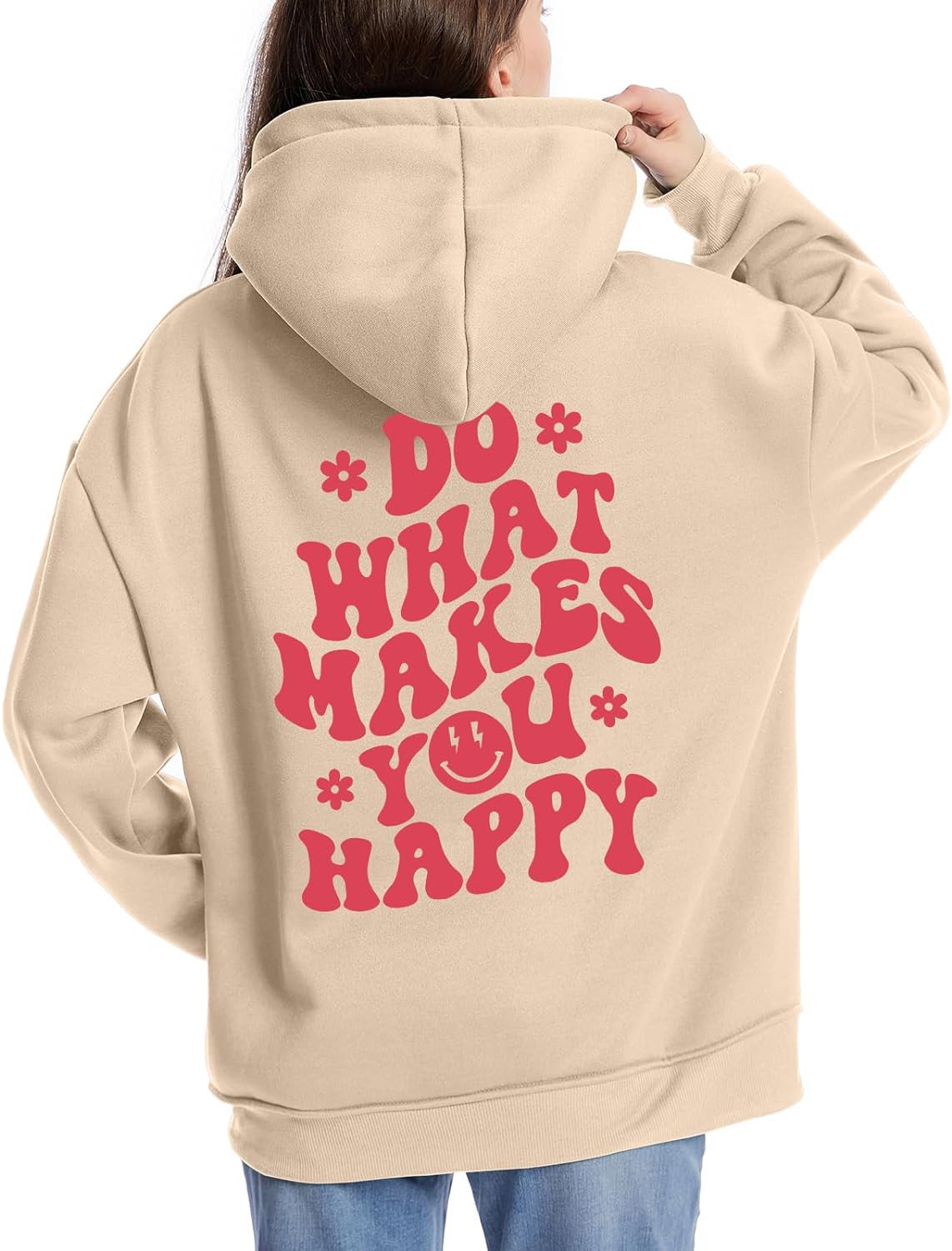 Tuislay Women Cute Graphic Oversized Hoodies Sweatshirts for Teen Girls Aesthetic Y2k Preppy Fleece Happy Hooded Pullover