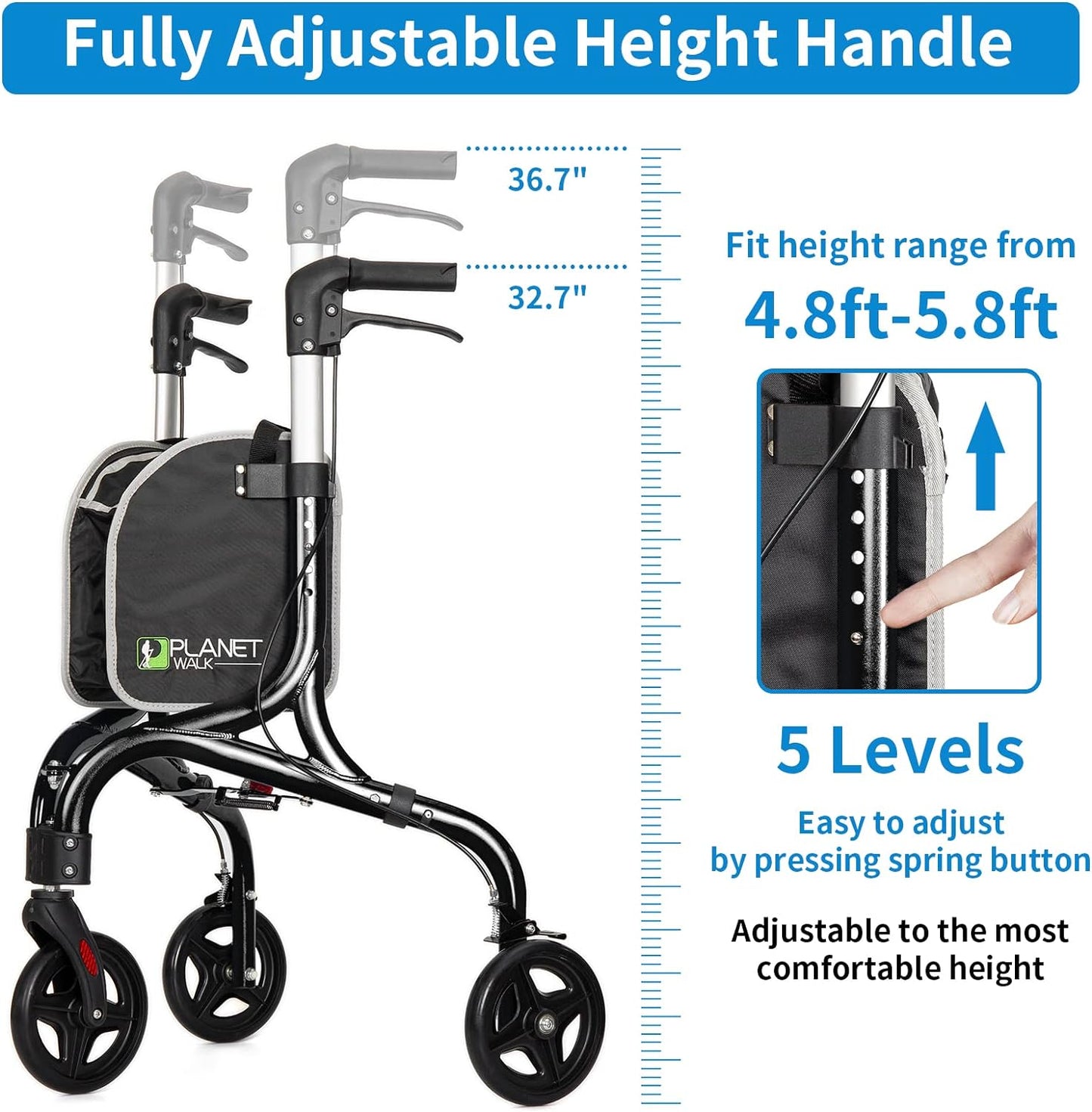 Planetwalk Premium 3 Wheel Rollator Walker for Seniors - Ultra Lightweight Foldable Walker for Elderly, Aluminum Three Wheel Mobility Aid, Black