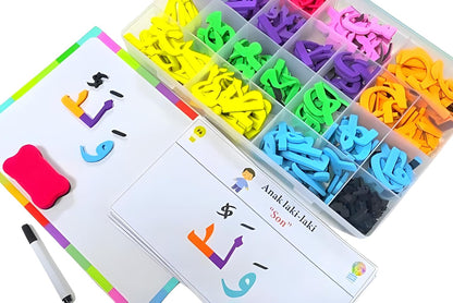 Preschool Learning - 375pcs Colorful Arabic Magnetic Alphabet Letters Puzzle - with 2 Markers and Eraser, 2 in 1 Learning Letters & Colours, Arabic Consonants, Educational, Learning Games