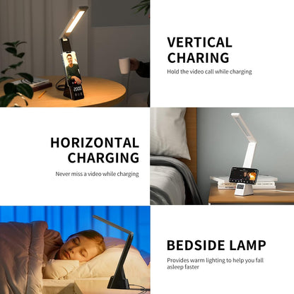 PROTON LED Desk Lamp with Wireless Charger 3 in 1 Fast Charging Station, Touch Control Desk Lamp with Clock, Alarm, 3 Lighting Modes & Stepless Brightness Home Office Eye-Caring Table Lamps