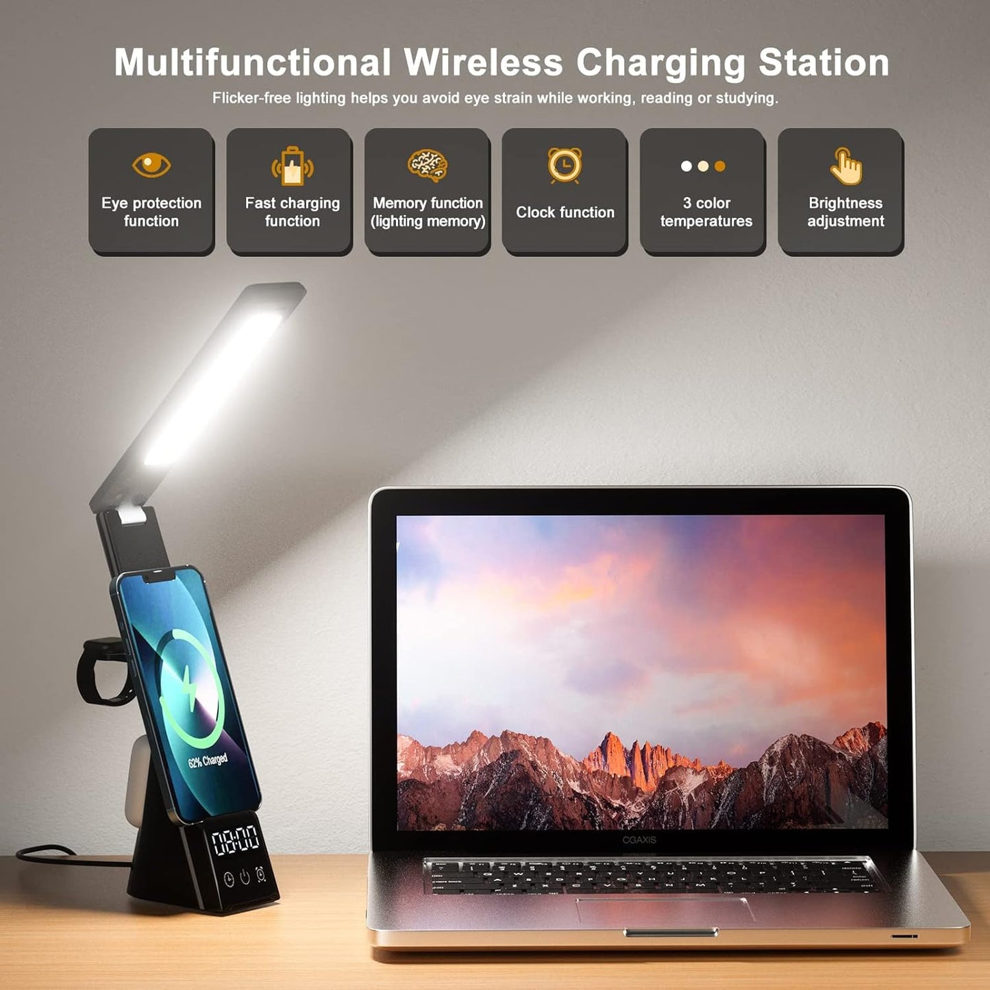 PROTON LED Desk Lamp with Wireless Charger 3 in 1 Fast Charging Station, Touch Control Desk Lamp with Clock, Alarm, 3 Lighting Modes & Stepless Brightness Home Office Eye-Caring Table Lamps