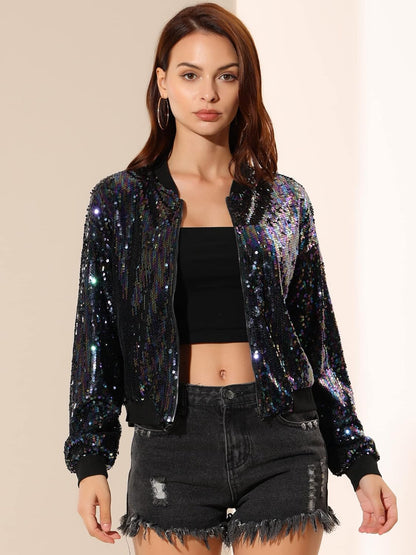 Allegra K Women's Halloween Sequin Sparkle Long Sleeve Zipper Bomber Jacket