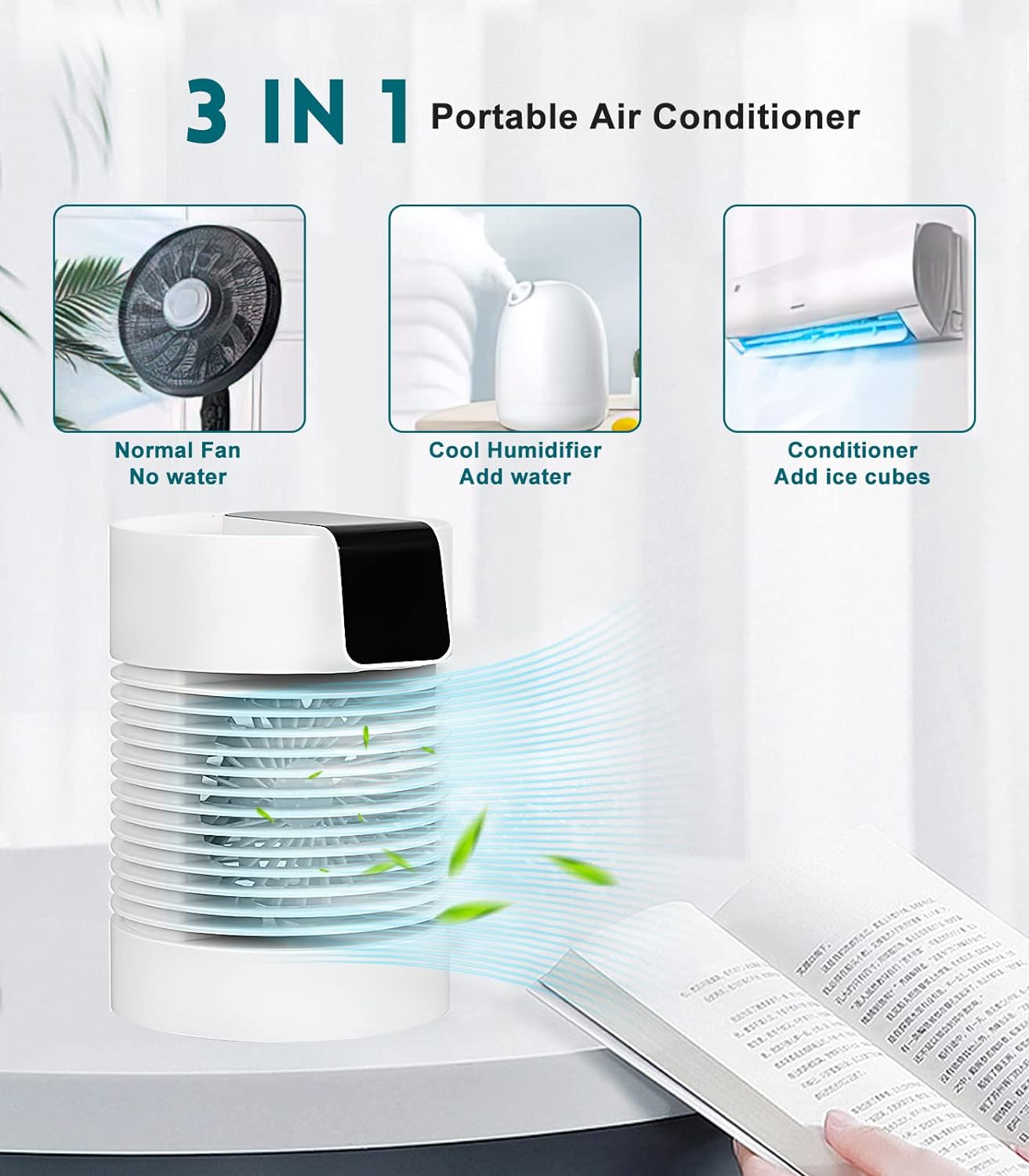 Portable Air Conditioners Fan, Portable AC &Humidifier Evaporative Mini Small Air Conditioner with 3-Speed 360° Rotation Personal Air Conditioner Air Cooler For Bedroom, Office, Living Room