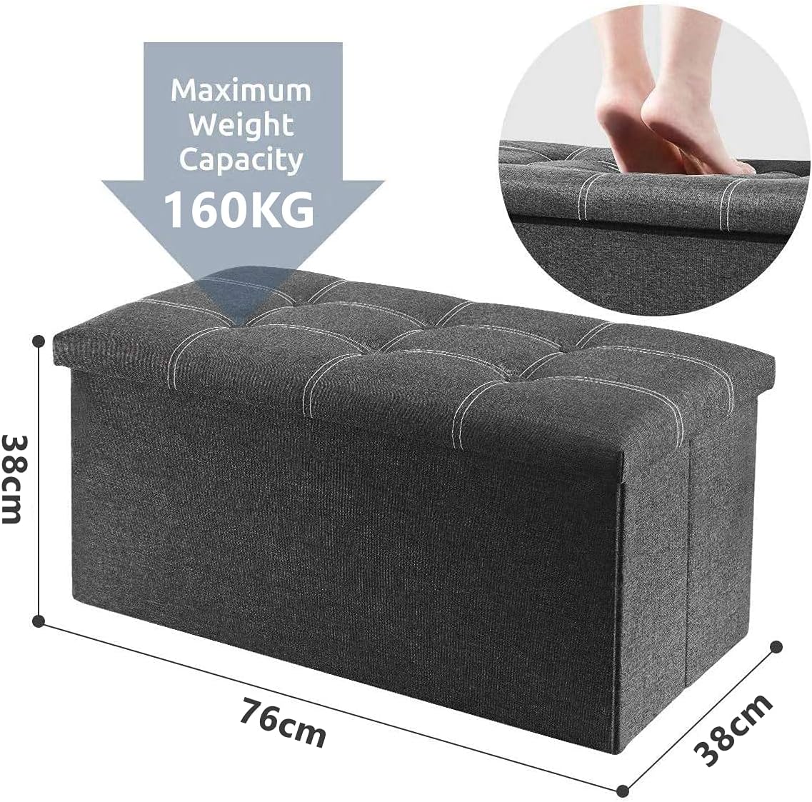 VF UAE Official Store Foldable Storage Ottoman Bench, Footrest Shoe Bench with 80L Storage Space nd of Bed Storage Seat (Gray)