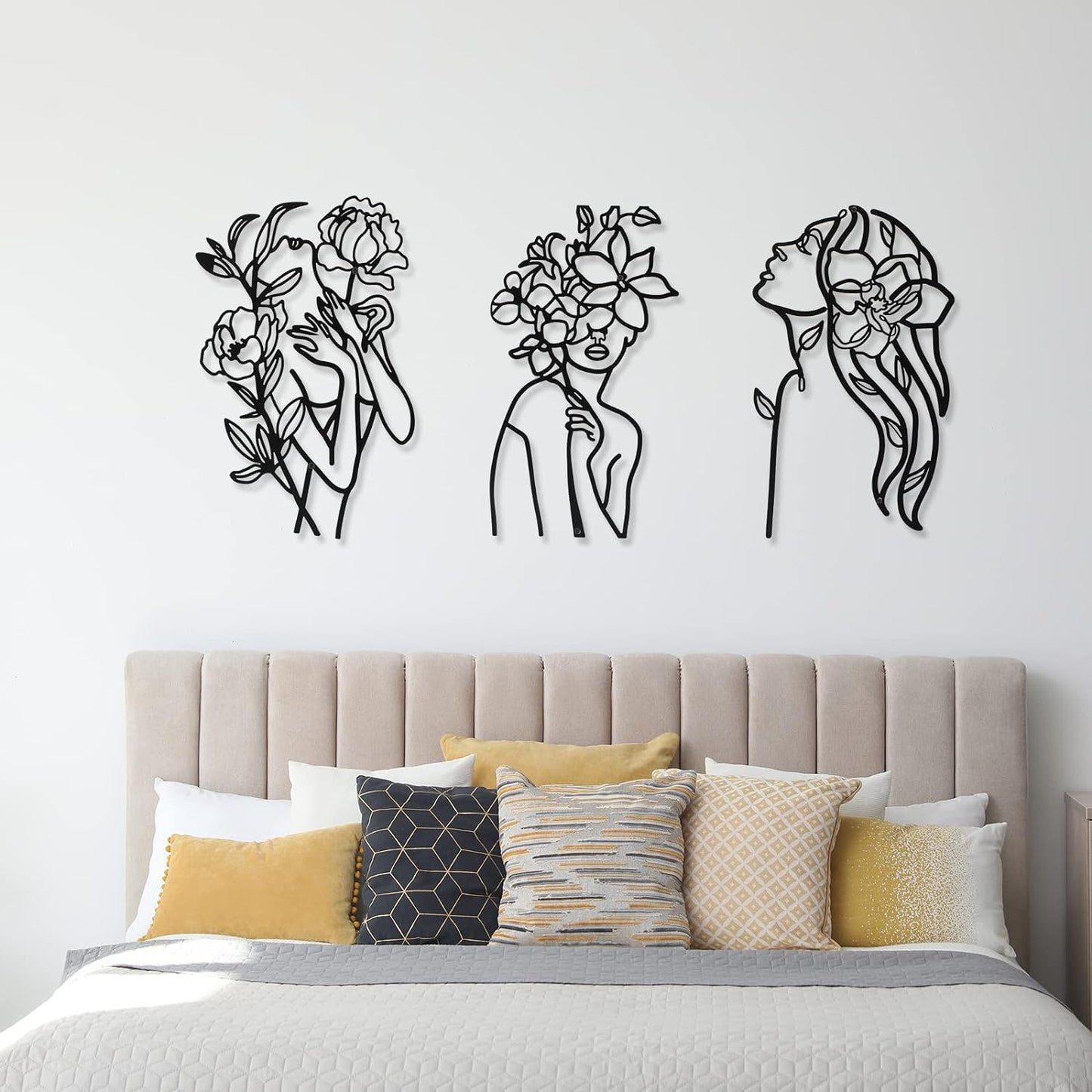 3 Pcs Metal Wall Art Decor Minimalist Abstract Woman Wall Art metal Modern Line Drawing Wall Art Decor Female Single Line Wall Home Hanging for Bedroom Kitchen Bathroom Living Room(Black, Modern)