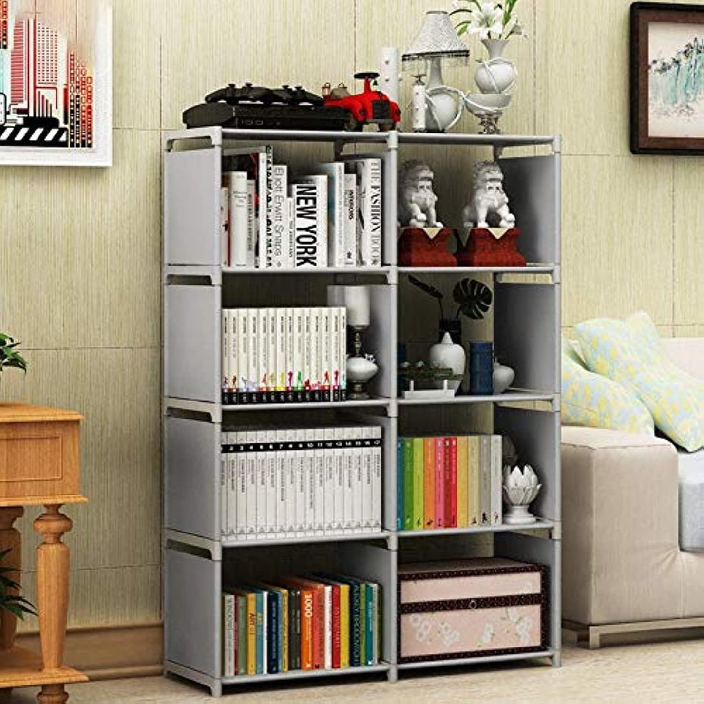 Multi-Function Book Shelf, Double Row 4-Tier Bookshelf Bookcase with 8-Cube Shelves, Simple Assembly Storage Organizer Shelf