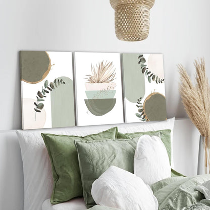 KBKBART Sage Green Boho Wall Art Set of 3, Minimalist Framed Geometric Line Leaf Sun Moon Beige Canvas Artwork Paintings, Abstract Botanical Room Decor, Posters & Prints