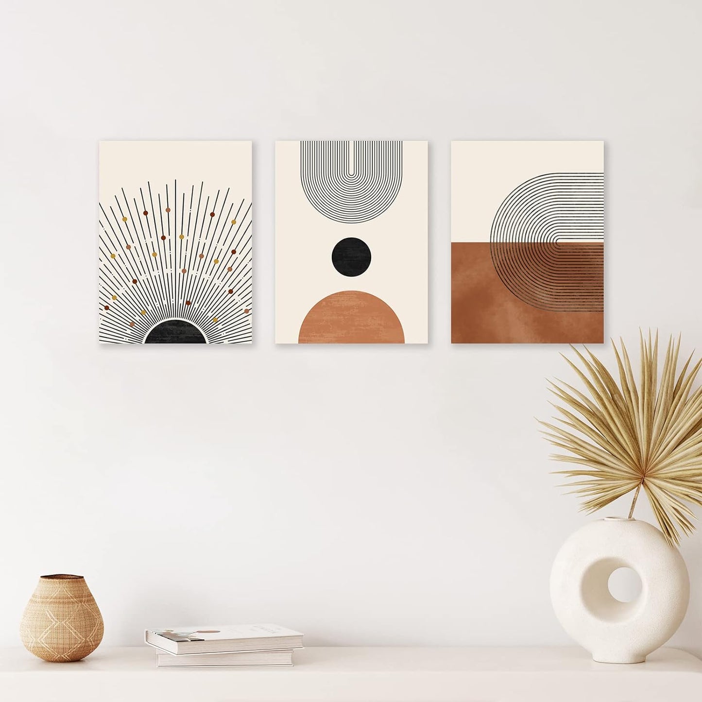 KBKBART Sage Green Boho Wall Art Set of 3, Minimalist Framed Geometric Line Leaf Sun Moon Beige Canvas Artwork Paintings, Abstract Botanical Room Decor, Posters & Prints