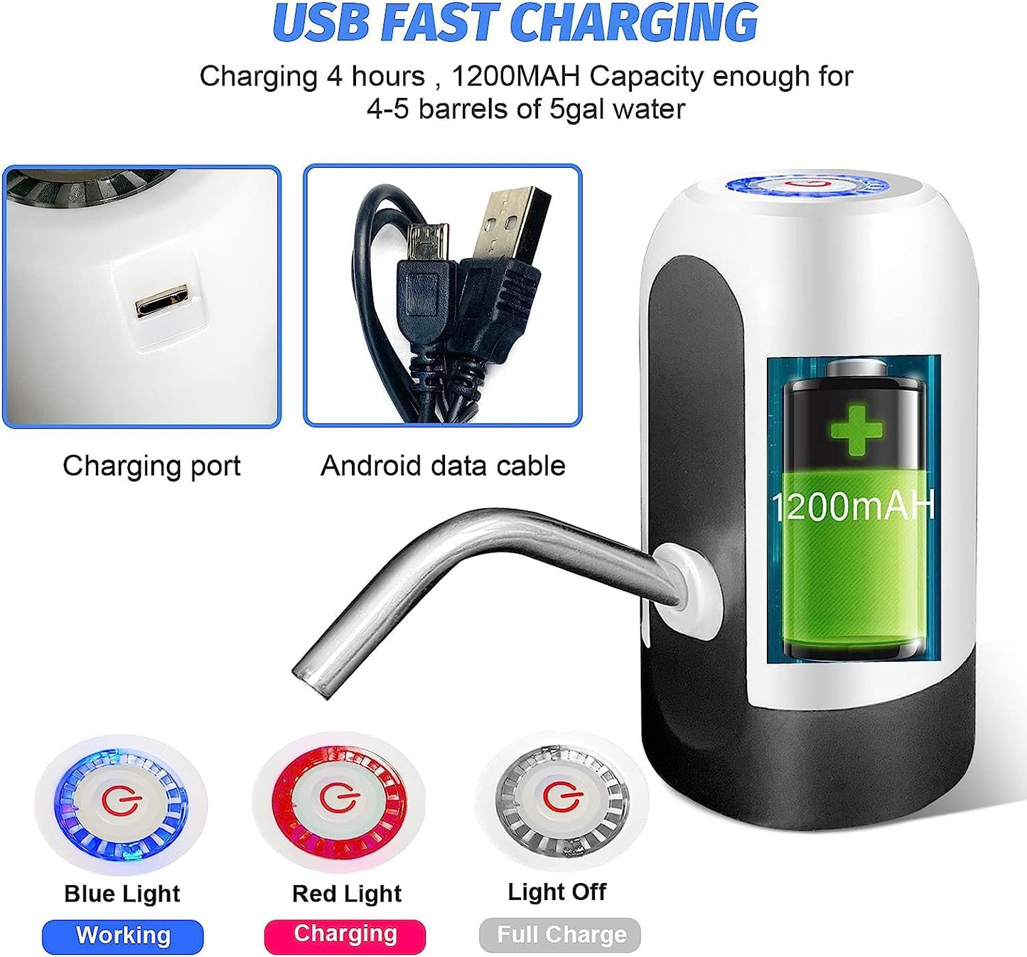 SKY-TOUCH 5 Gallon Water Bottle Pump, USB Charging Portable Electric Water Pump for for for 2-5 Gallon Jugs USB Charging Portable Water Dispenser for Office, Home, Camping, Kitchen and etc. White