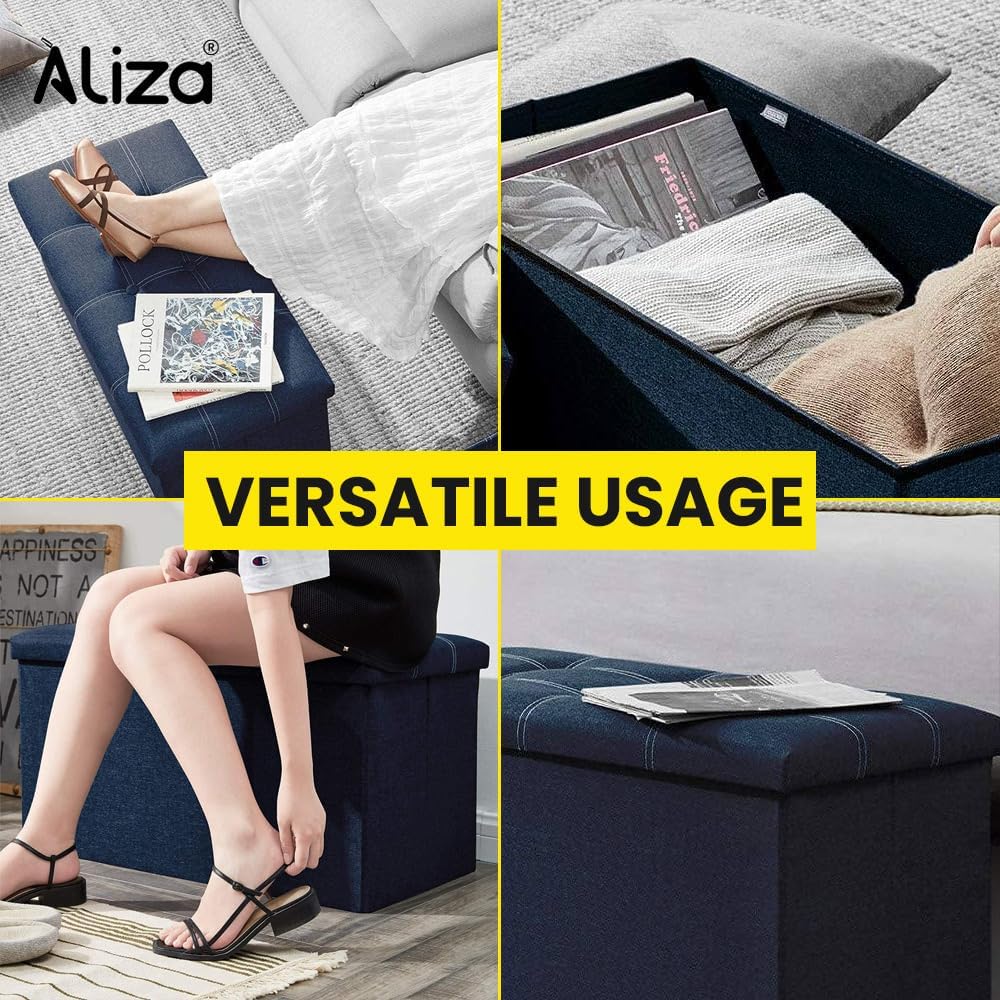 Ottoman Storage Box - Large Foldable Storage 76W x 38D x 38H - Great Toy Storage Box with Lid for Bedroom, Living Room & Foot stool - Blue Ottoman Box by Aliza