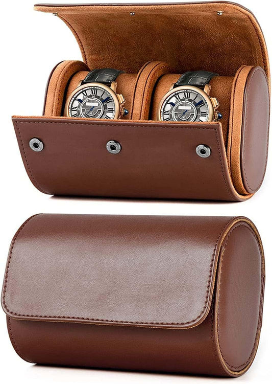 Watch Travel Case Handmade Leather Watch Rolls Box for Man Travel Watch Roll with Velvet to Protection Watch Roll Organizer to Home Secure Storage (2 Slot, Brown)