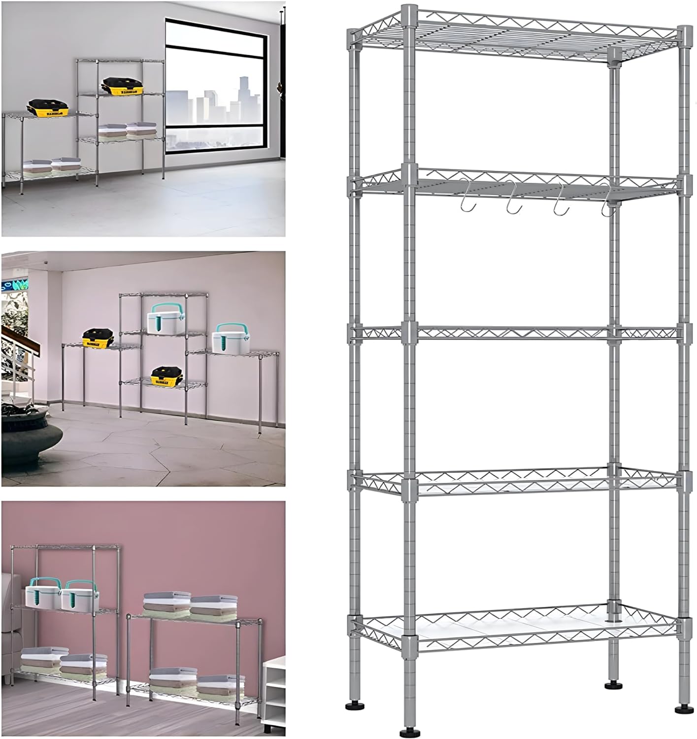 HEXAR® 4 TIER Metal Shelving Unit on Wheels, Adjustable Storage Racks and Shelf, Heavy Duty Rolling Metal Shelves for Laundry Bathroom Kitchen Garage Pantry Organization Bakers Rack