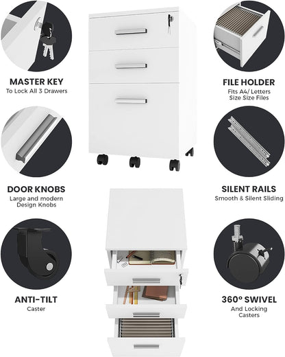 Lazio File Cabinet with Lock - Filing Cabinet for Home and Office - 3 Drawer File Cabinet with Wheels for A4 Sized Letters/Documents, Legal Sized Documents, Hanging File Folders (Cass Walnut/Black)