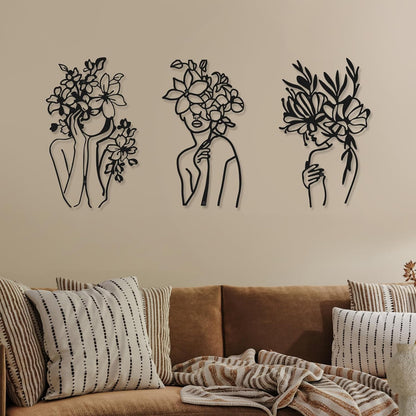 3 Pcs Metal Wall Art Decor Minimalist Abstract Woman Wall Art metal Modern Line Drawing Wall Art Decor Female Single Line Wall Home Hanging for Bedroom Kitchen Bathroom Living Room(Black, Modern)