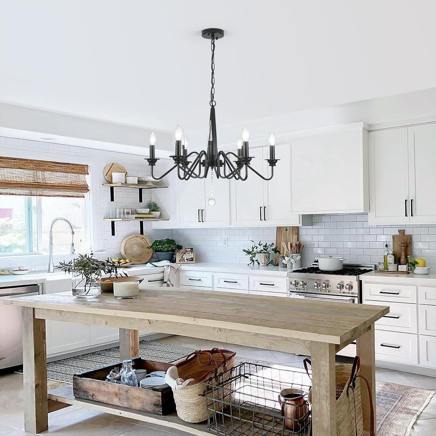 Ganeed French Country Chandeliers,8 Lights Industrial Farmhouse Pendant Light Fixture,Black Candle Ceiling Chandelier Height Adjustable for Living Room Bedroom Entryway Kitchen Island