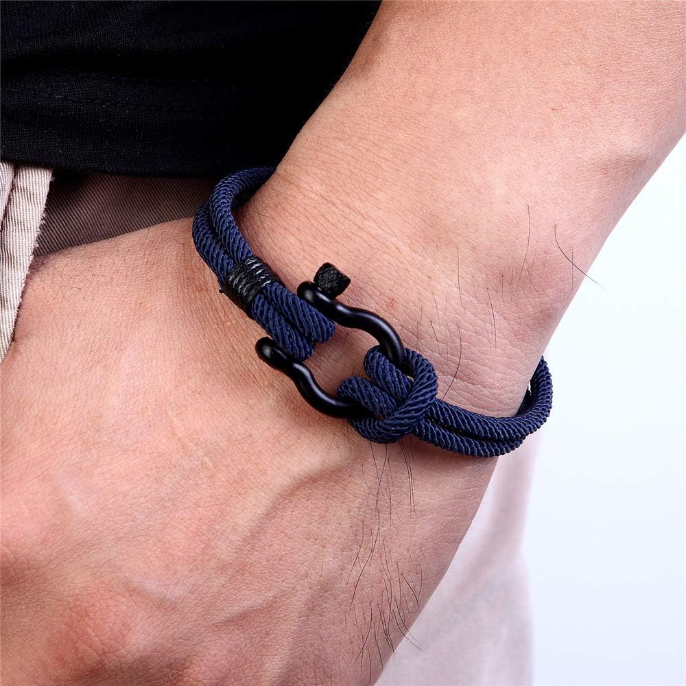 Goodern Mens Bracelet,Casual Sturdy Men's Handmade Milan Rope Braided Bracelet Horseshoe Buckle Stainless Steel Wristband Bracelet I Will Always Be with You Nautical Bracelet Great Gifts for Men-Black