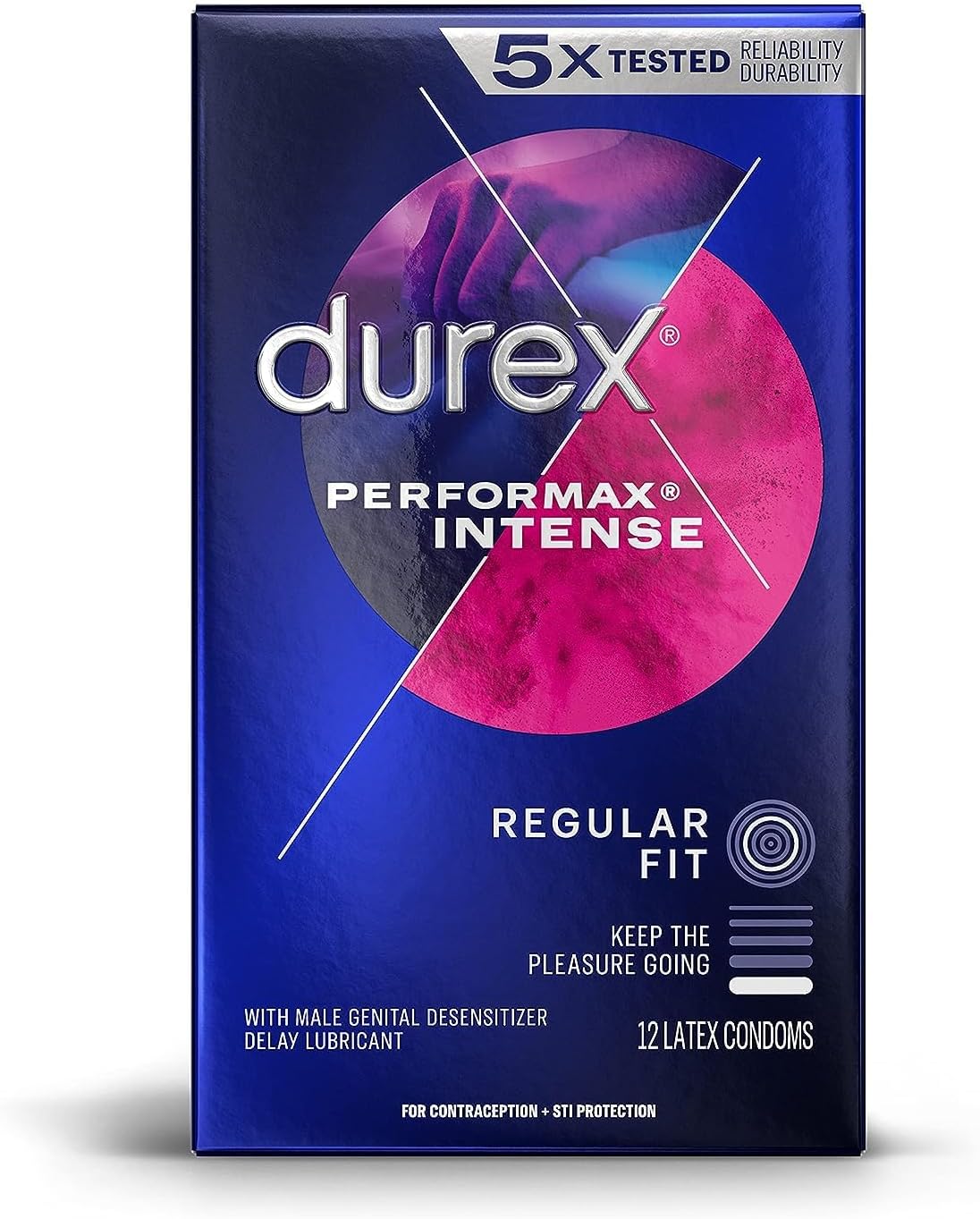 Durex Performax Intense Natural Rubber Latex Condoms, Regular Fit, 12 Count, Contains Desensitizing Lube for Men, (Packaging May Vary)