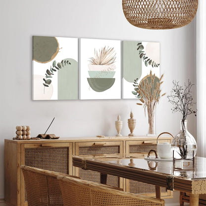 KBKBART Sage Green Boho Wall Art Set of 3, Minimalist Framed Geometric Line Leaf Sun Moon Beige Canvas Artwork Paintings, Abstract Botanical Room Decor, Posters & Prints