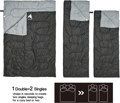 Stitchable Envelope Sleeping Bag with Compression Sack, 4 Season Waterproof Indoor & Outdoor Use for Kids, Teens & Adults for Hiking, Traveling, Backpacking and Camping