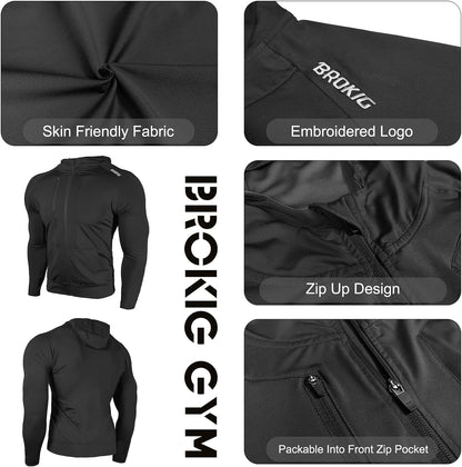 BROKIG Mens Zip Hoodies,Lightweight Gym Sports Sweatshirts Running Track Training Jackets with Pockets