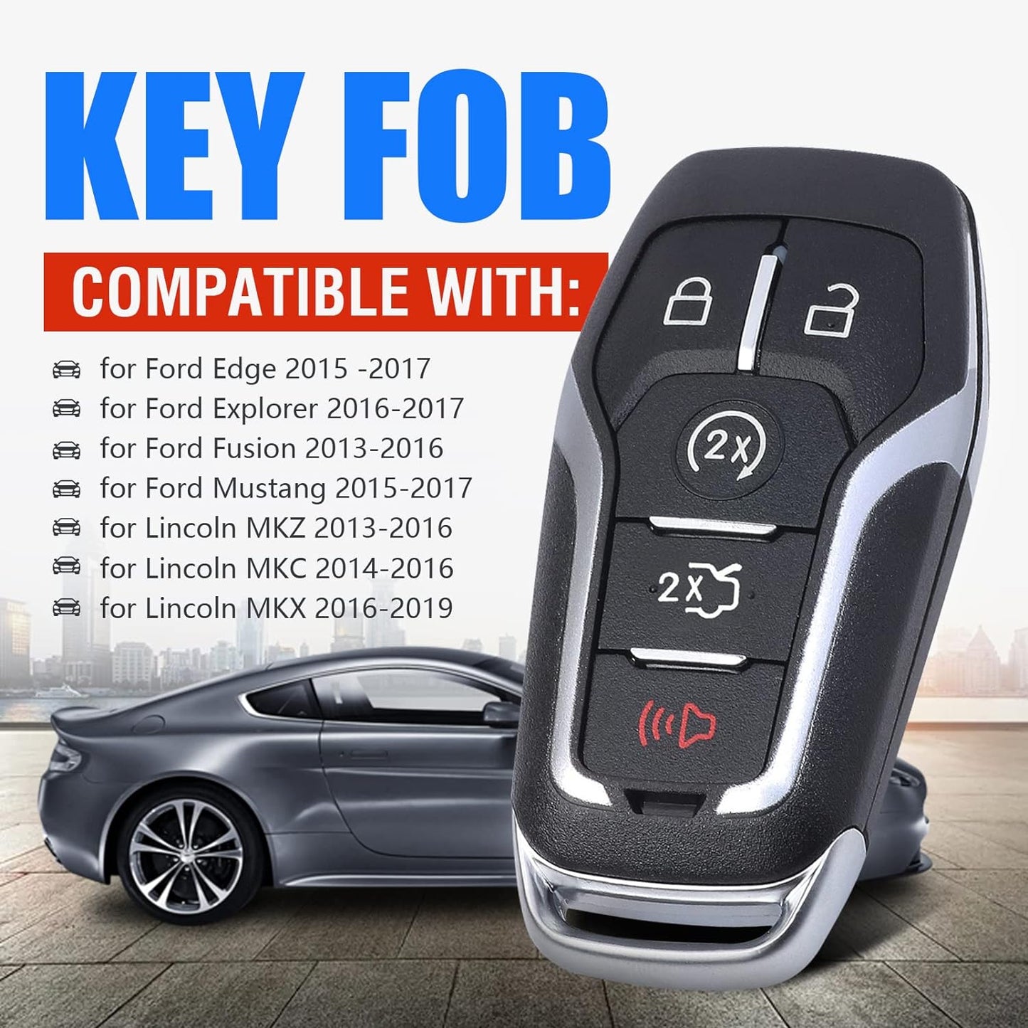 Keymall Remote Key Fob Case Shell Cover for Ford Edge/Explorer/Fusion/Mustang for Lincoln MKC/MKX(FCC ID:M3N-A2C31243300 P/N:164-R8108) 4 Buttons,Just A Key Shell