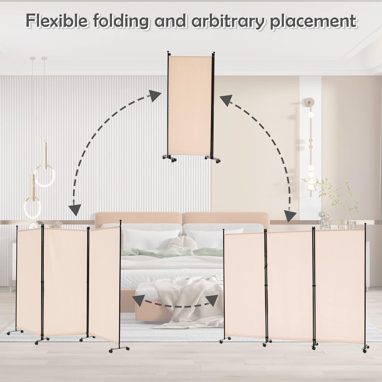 Spurgehom 3 Panel Rolling Room Divider, Folding Partition Privacy Screens, Freestanding Fabric Room Panel, Portable Folding Wall Divider for Office, Room,Restaurant, Hospital (Beige)