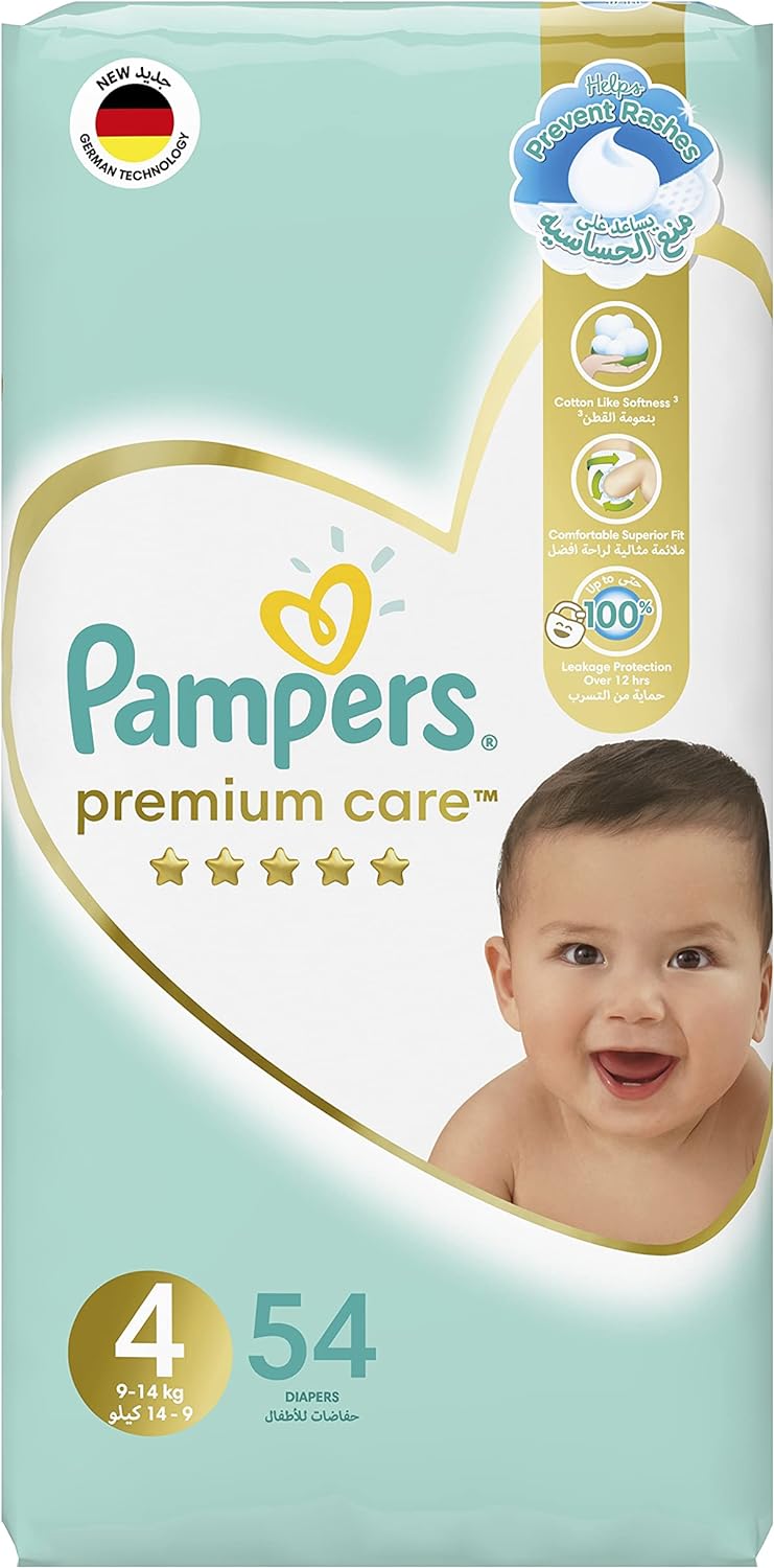 Pampers Premium Care Taped Baby Diapers, Size 4, 9-14 kg, Unique Softest Absorption for Ultimate Skin Protection, 216 Count