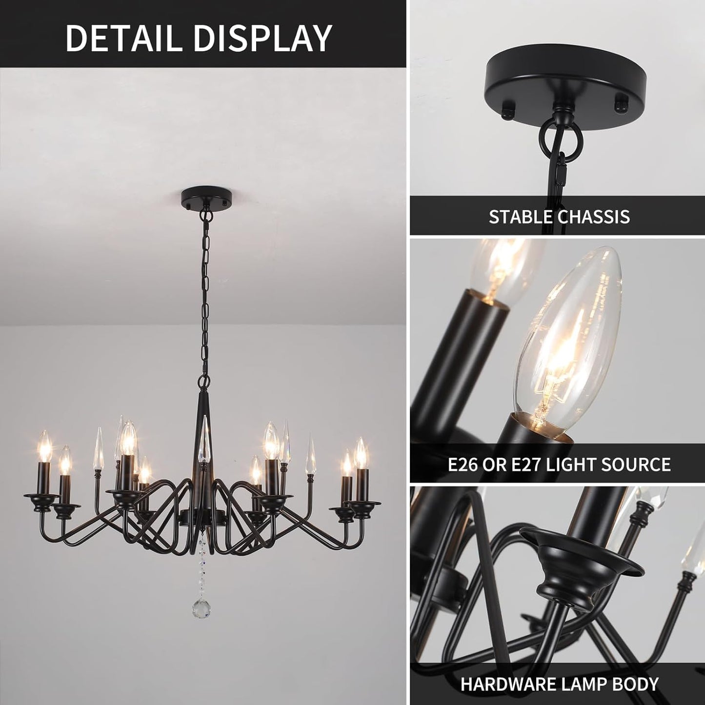 Ganeed French Country Chandeliers,8 Lights Industrial Farmhouse Pendant Light Fixture,Black Candle Ceiling Chandelier Height Adjustable for Living Room Bedroom Entryway Kitchen Island