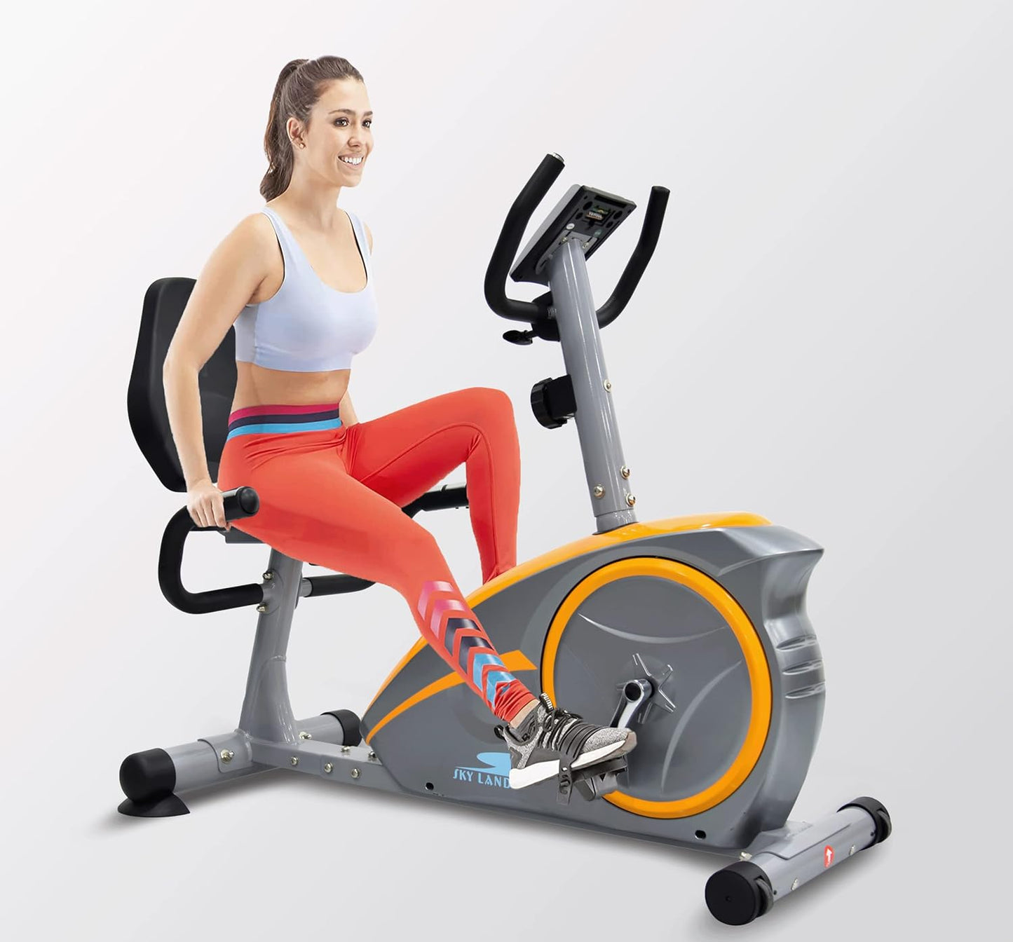 SKY LAND Fitness Exercise Bike Magnetic Recumbent Bike With Digital Monitor - Lazy Bike For Indoor Cycling Exercise, Orange Grey