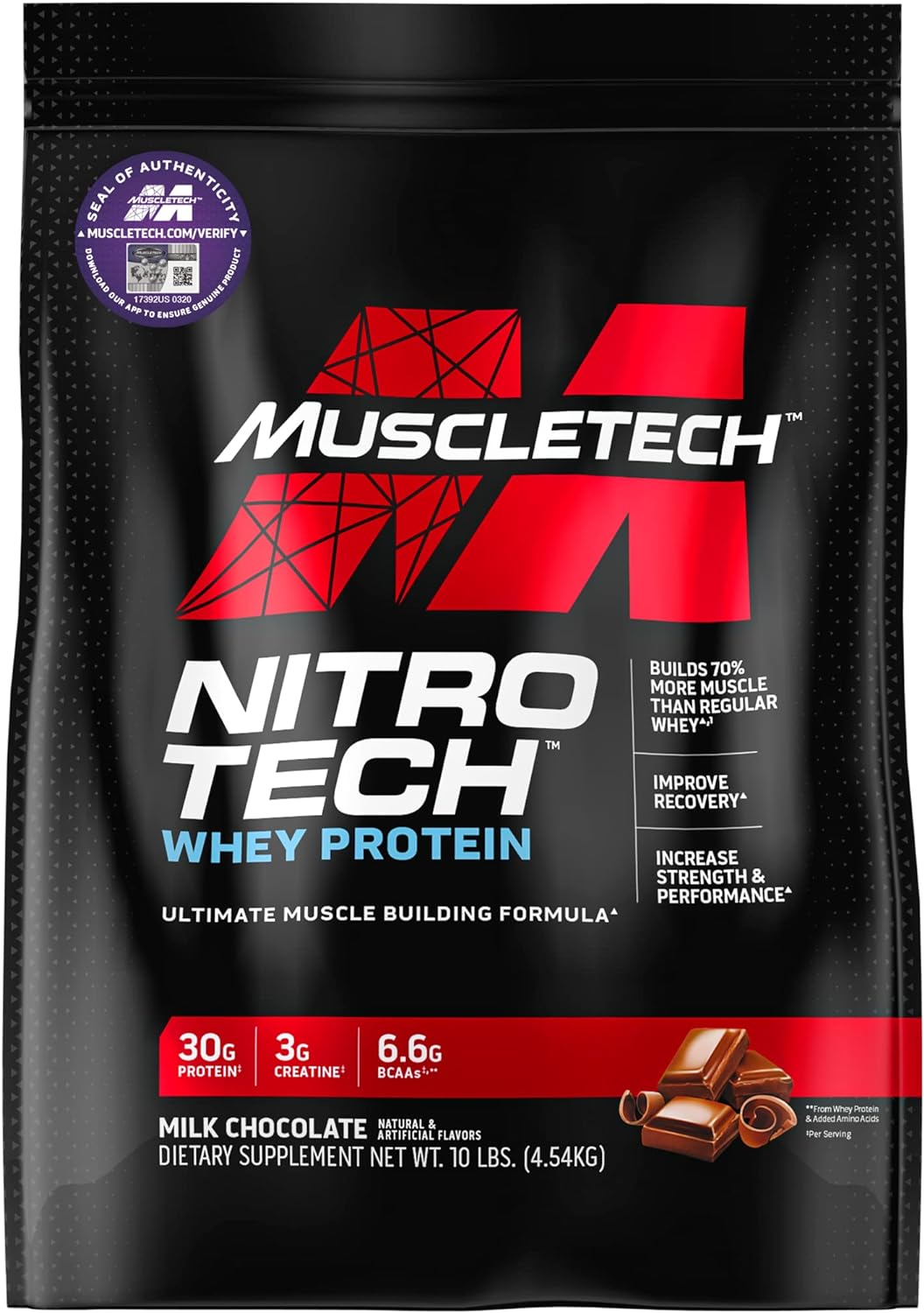 Whey Protein Powder | Muscletech Nitro-Tech Whey Protein Isolate & Peptides | Lean Protein Powder For Muscle Gain | Muscle Builder For Men & Women | Sports Nutrition | Chocolate, 10 Lb (100 Servings)