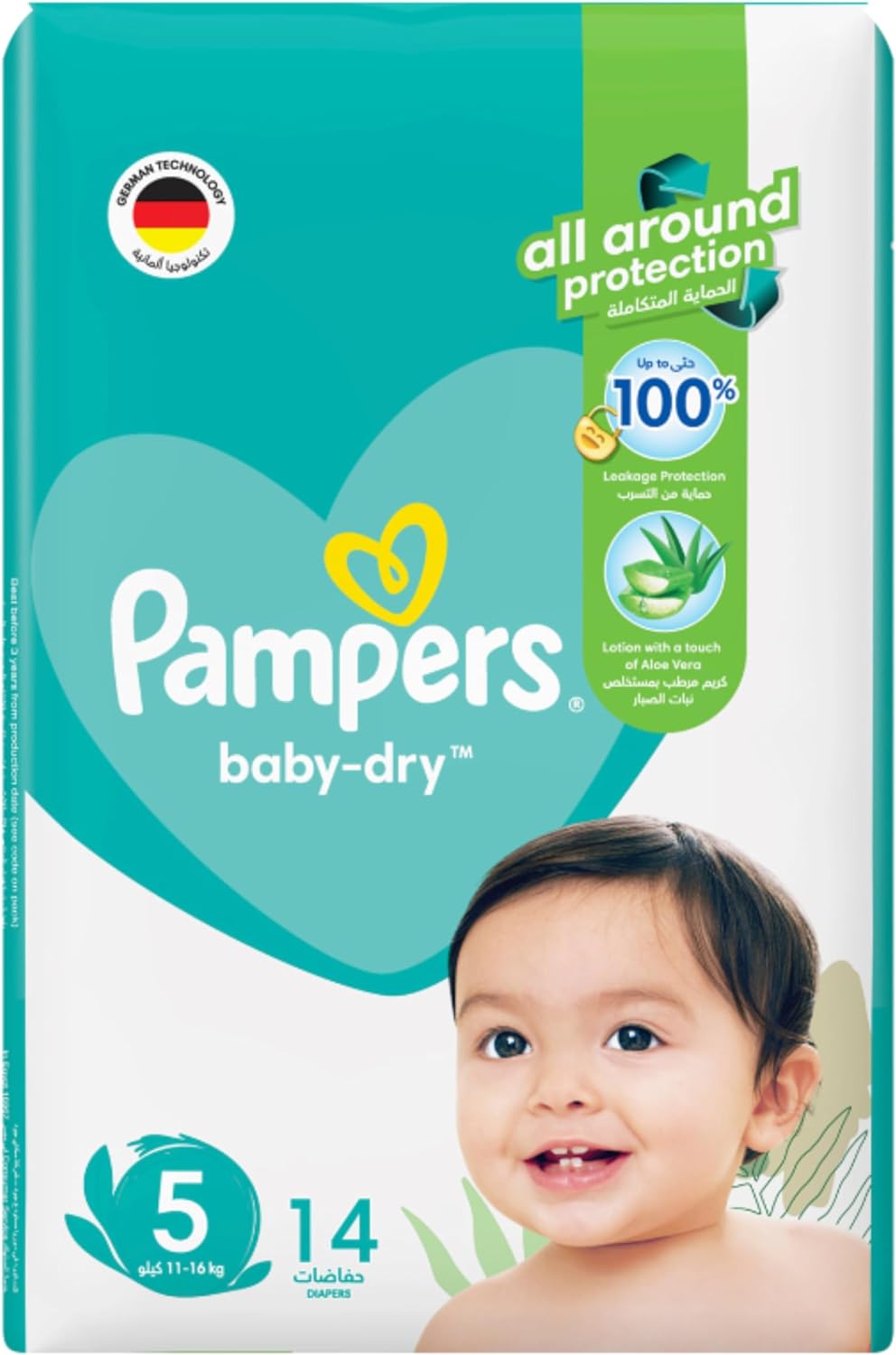 Pampers Baby-Dry Taped Diapers with Aloe Vera Lotion, up to 100% Leakage Protection, Size 5, 11-16kg, 280 Count