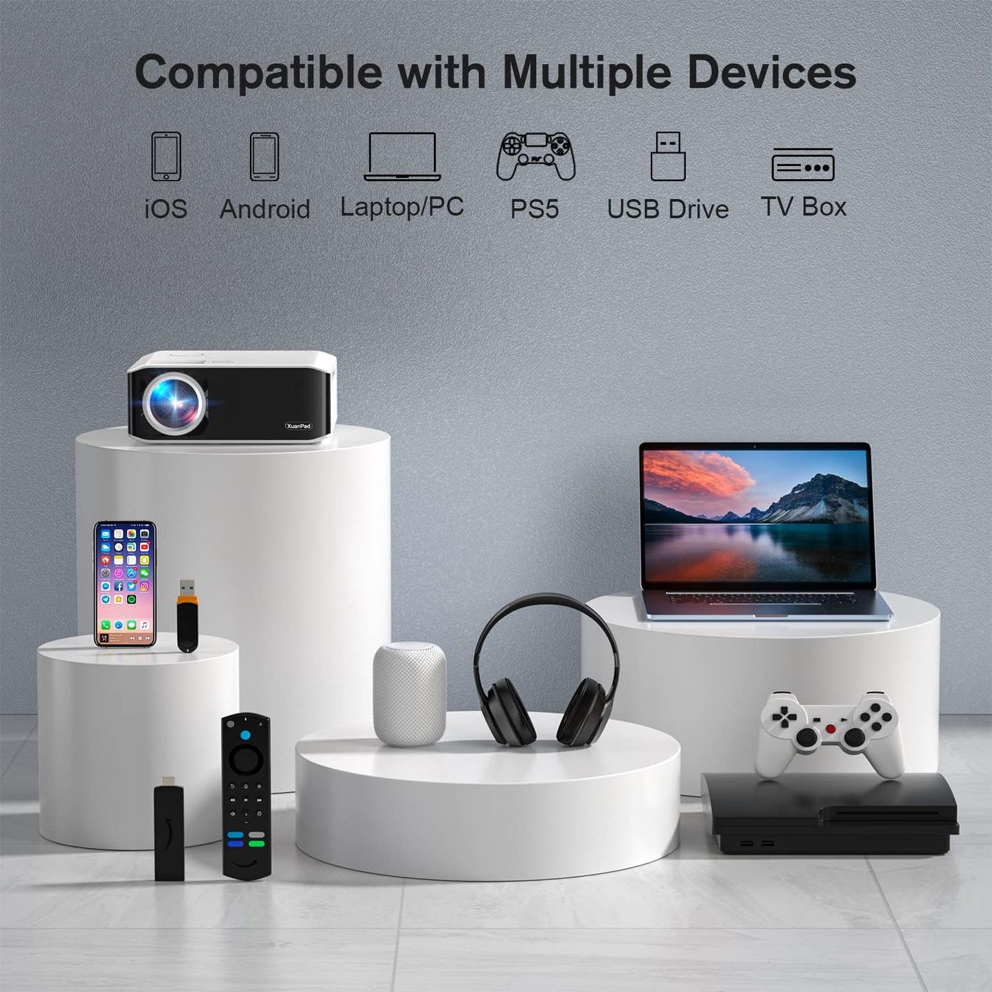 Projector, XuanPad 2024 Upgraded Native 1080P 5G WiFi Bluetooth Projector 4K Supported, 6D/4P Keystone Correction, Zoom, 15000L Mini Projector with Screen and Tripod for iOS/Android/TV Stick