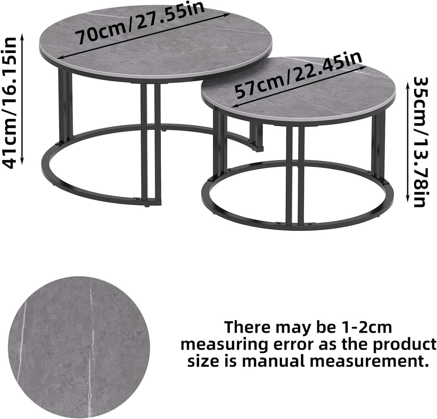 Wisfor Nesting Coffee Table Sintered Stone: Set of 2 Nest Glossy White Marble Round Tables Large 70x40cm / Small 57x35cm Industrial Style Large Circle Nested Center Sofa Living Room Decor