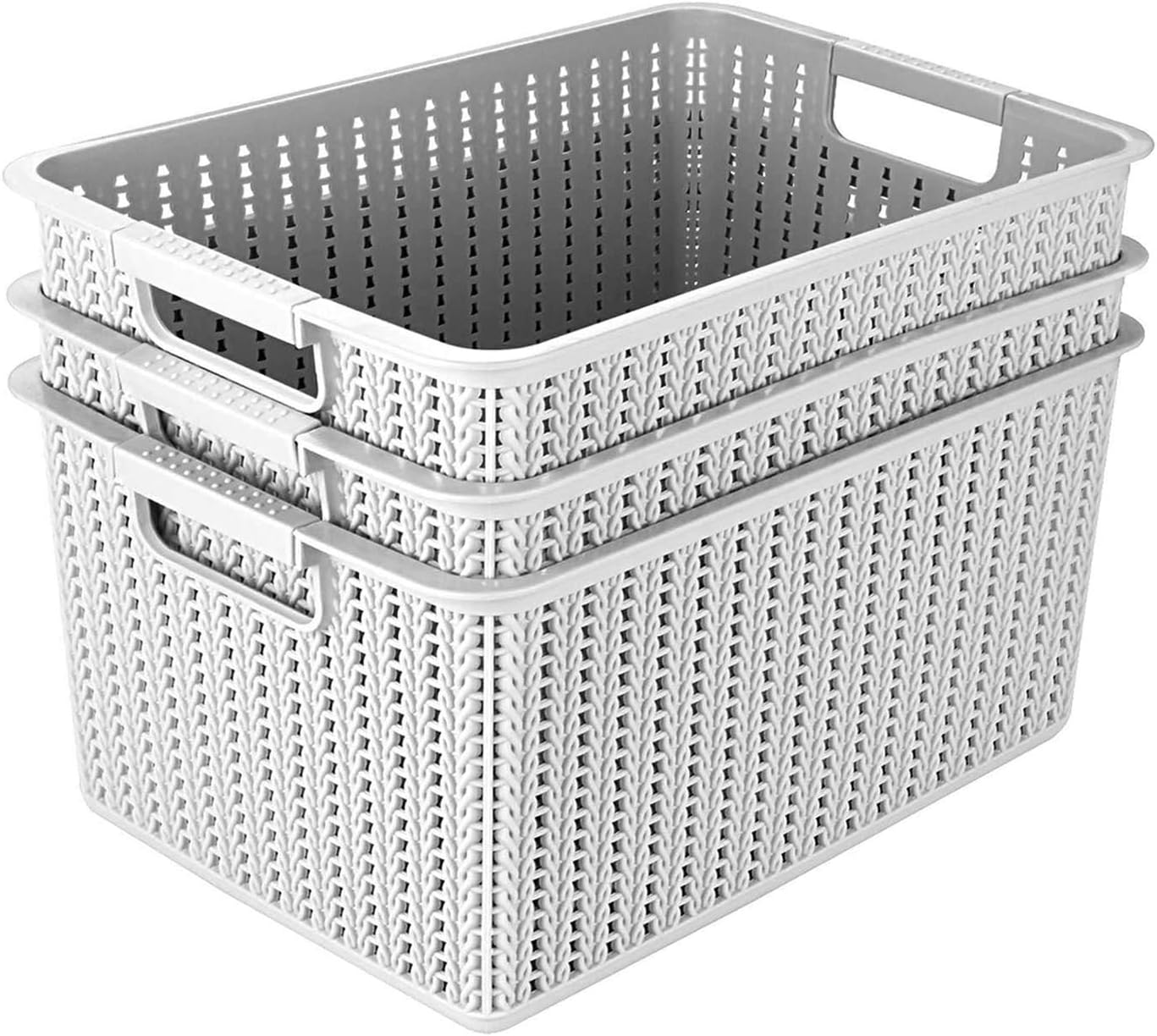 SENENQU 5PCS Plastic Storage Baskets, Small Woven Organizer Bin with Handles for Bathroom, Cosmetics, Health, Hair Supplies, Beauty Products and Kitchen (Grey, 10.6"x7.5"x5.5")