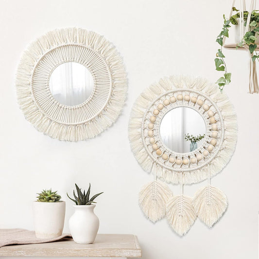 LOMOHOO 2pcs Hanging Wall Mirror with Macrame Fringe Set Round Boho Antique Weave Mirrors Art Decor for Apartment LivingRoom Bedroom Baby Nursery Room