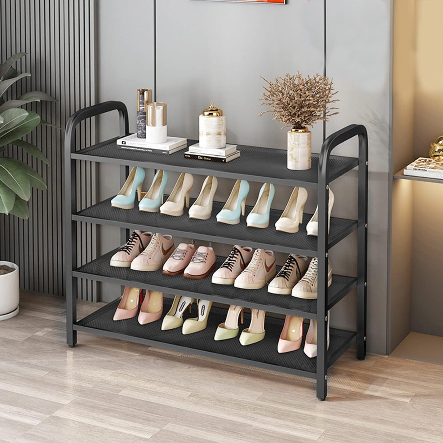 INFOSUN Shoe Rack, Shoes Cabinet Organizer, 5-Tier Shoe Storage with 4 Mesh Shelves, Multi-Function Organizer, Boots Storage Shelf Modern House Furniture Home for Entryway Hallway