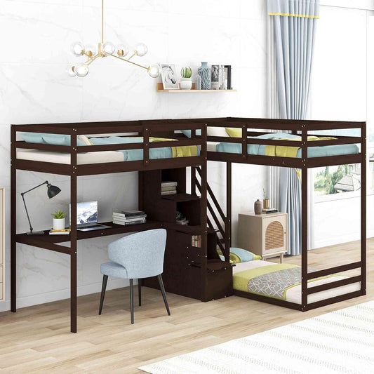 Cotoala Twin Size L-Shaped Bunk Bed and Loftbed with Built-in Middle Staircase, 3-in-1 Convertible Wood Bedframe w/Desk & Storage Case for Kids, Teens, No Spring Required Needed, Espresso