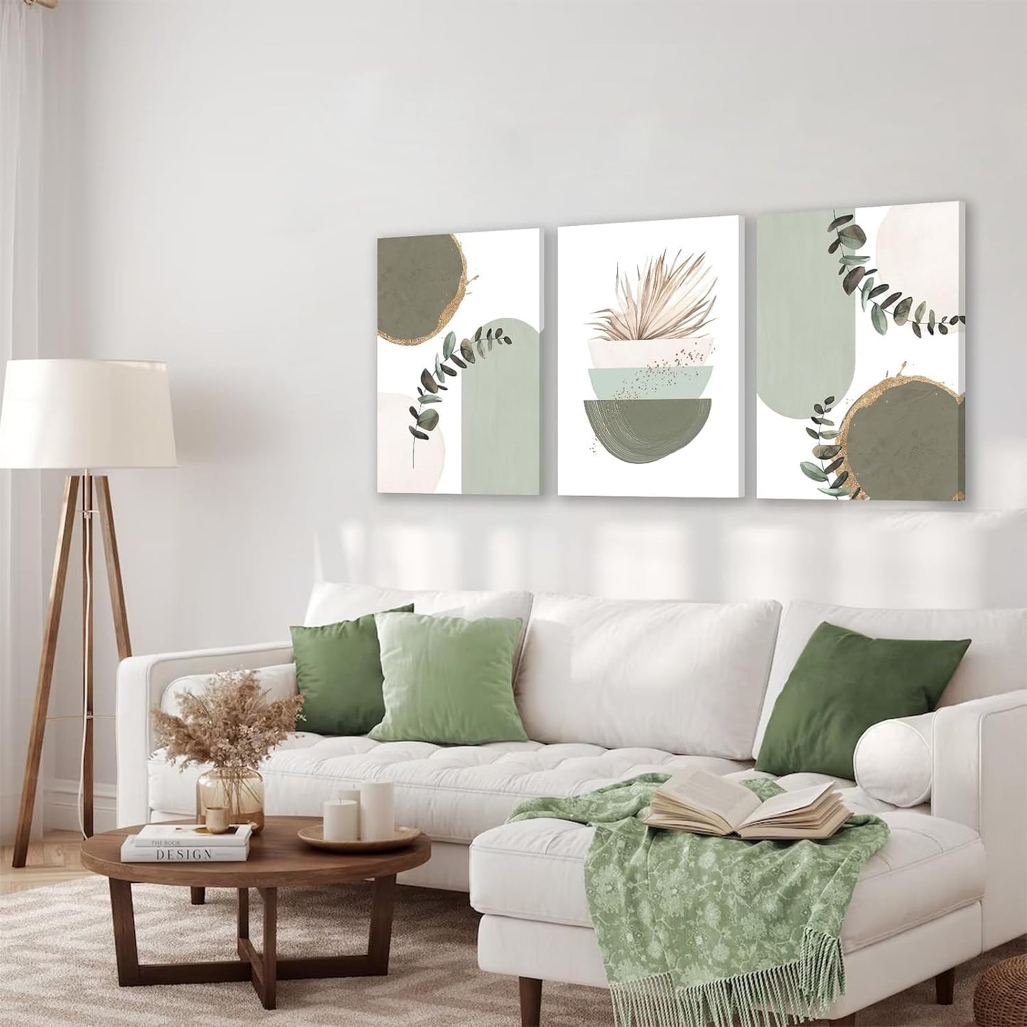 KBKBART Sage Green Boho Wall Art Set of 3, Minimalist Framed Geometric Line Leaf Sun Moon Beige Canvas Artwork Paintings, Abstract Botanical Room Decor, Posters & Prints