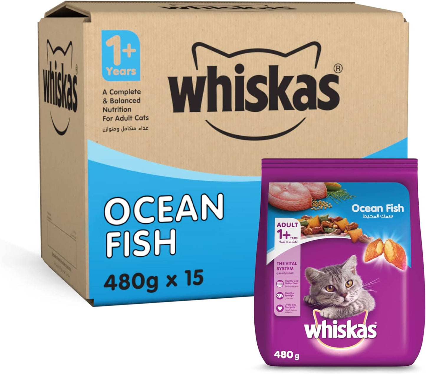 Whiskas Ocean Fish Dry Food, for Adult Cats 1+ Years, Formulated to Help Cats Maintain a Healthy Digestive Tract and Sustain a Healthy Weight, Complete Nutrition & Great Taste, Case of 15x480g