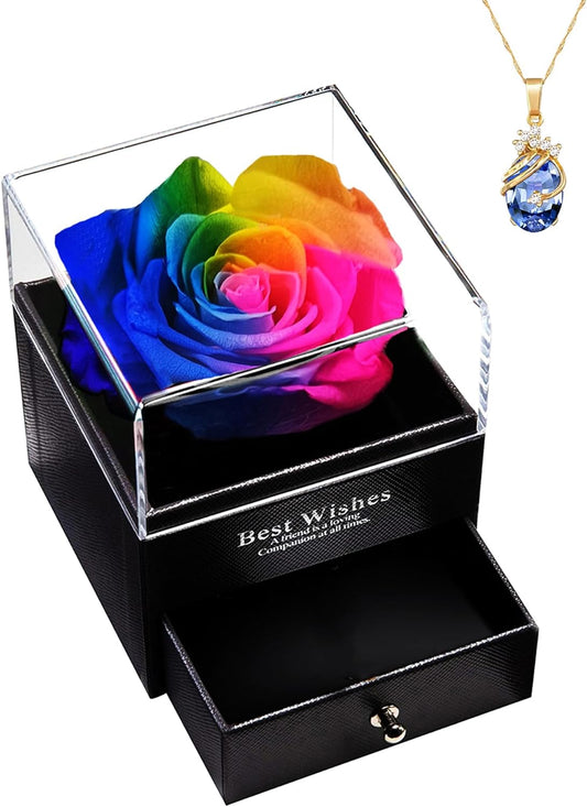 DYD Valentines Gifts for Her, Eternal Rose with Necklace, Real Flower Jewelry Gift Box for Mother, Anniversary, Birthday, Engagement - Women/Wife/Girlfriend/Mum