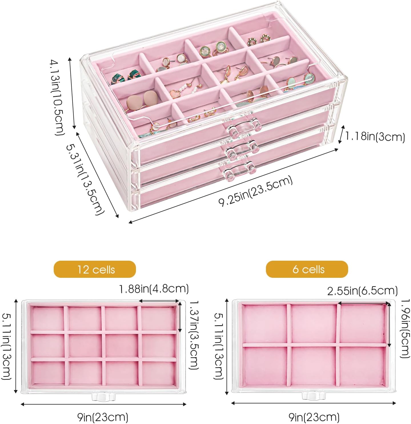 ProCase Earring Organizer Jewelry Organizer Box with 3 Drawers, Acrylic Stackable Jewelry Holder Clear Earring Storage Case with Adjustable Velvet Trays for Women on Dresser Vanity -Grey, 3 Layers