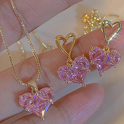 JAVARNV Heart Necklace Earrings Set for Valentine's Day Pink Rhinestone Necklace Earrings Jewelry Set Heart Crystal Pendant Necklace Gifts